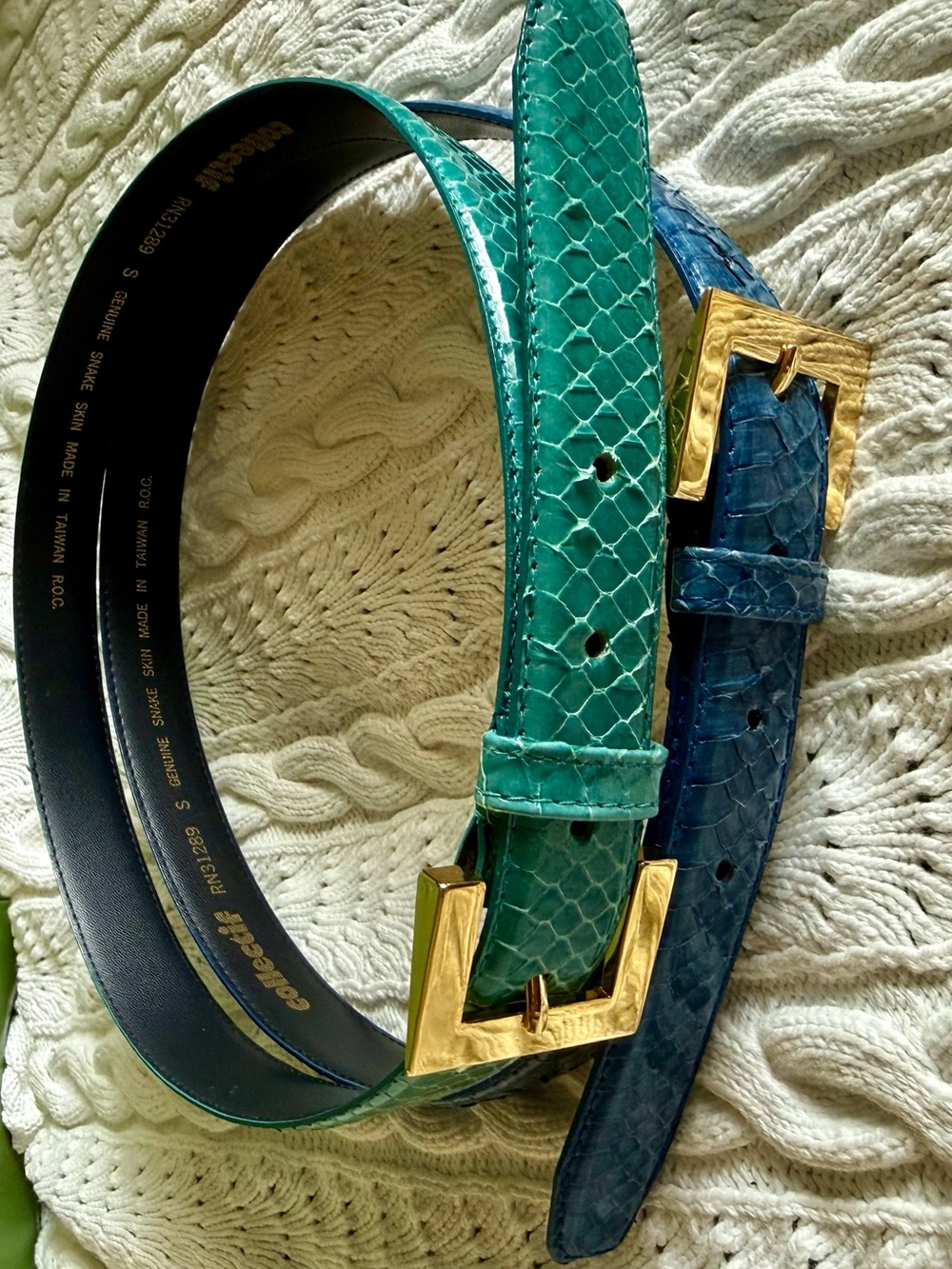 TWO Vintage Teal & Blue Snakeskin Leather Belts with Gold Buckles - Women Small